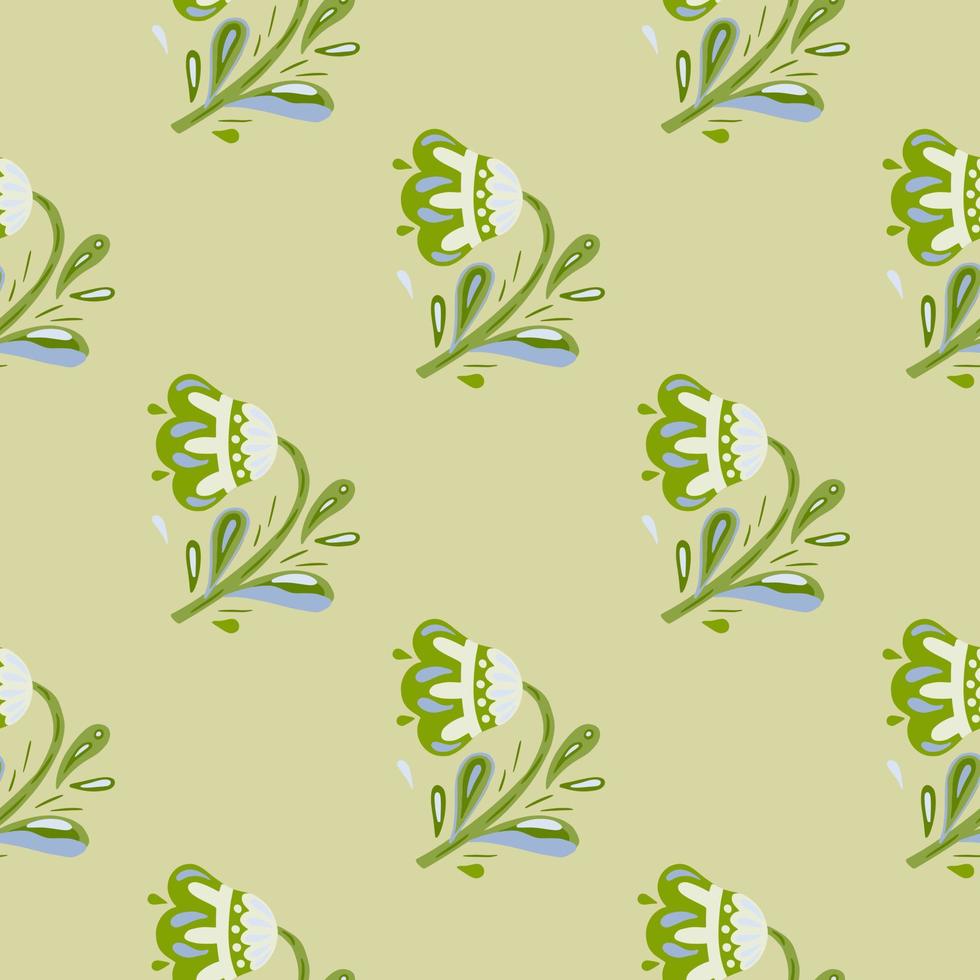 Seamless botanic pattern with green colored folk flower silhouettes print. vector