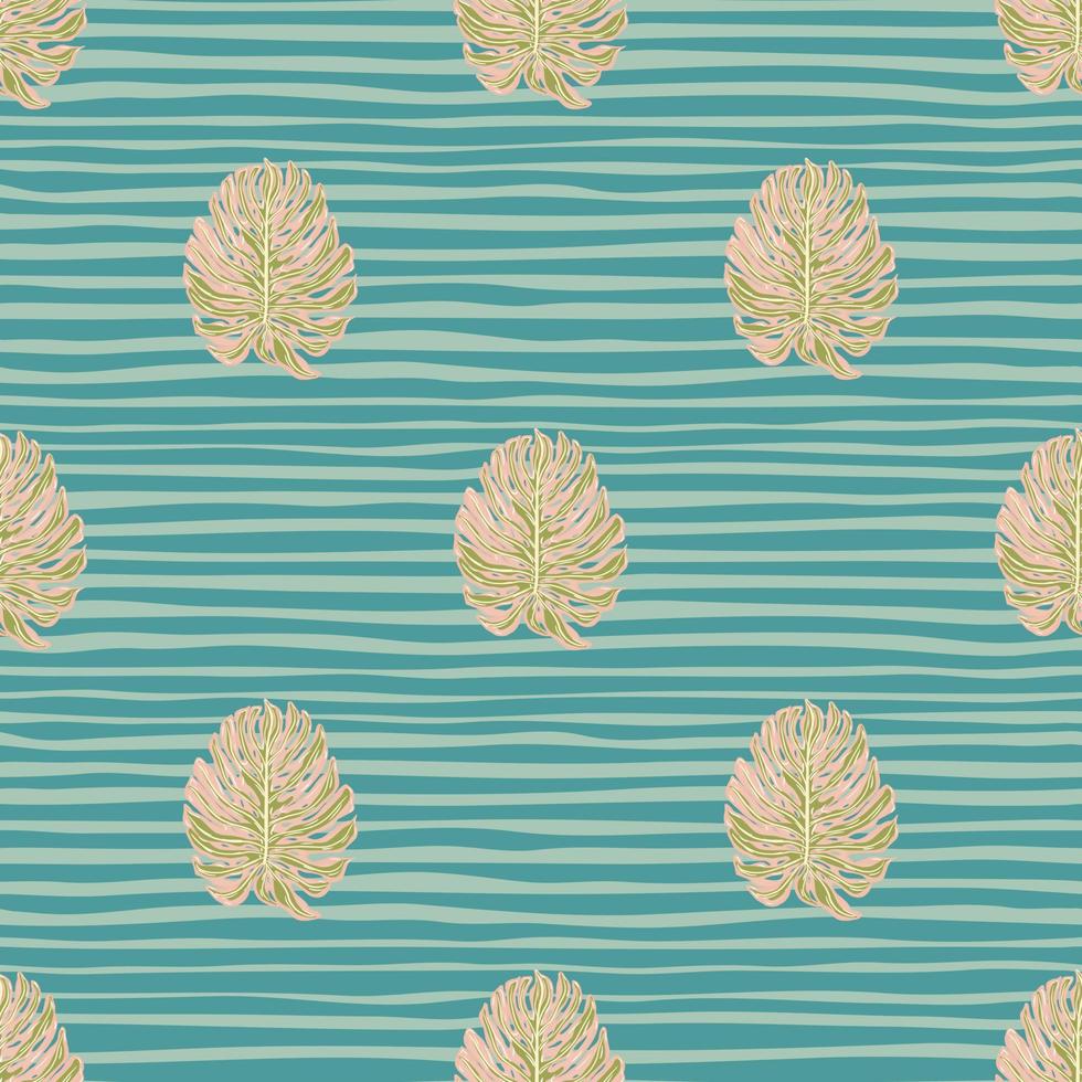 Pink doodle monstera leaves seamless pattern in tropic style. Blue striped bright background. vector