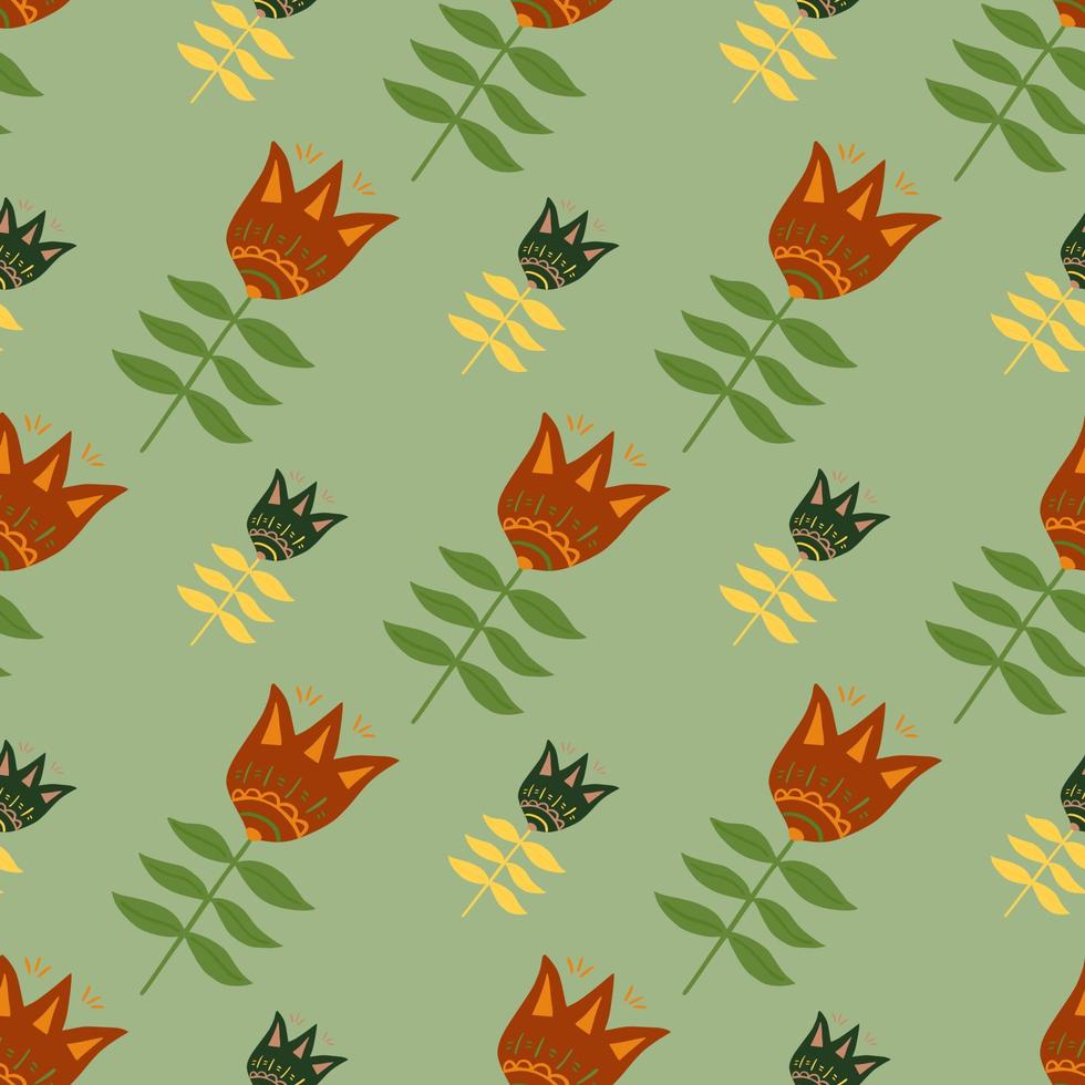 Geometric flower folk art seamless pattern on green background. vector