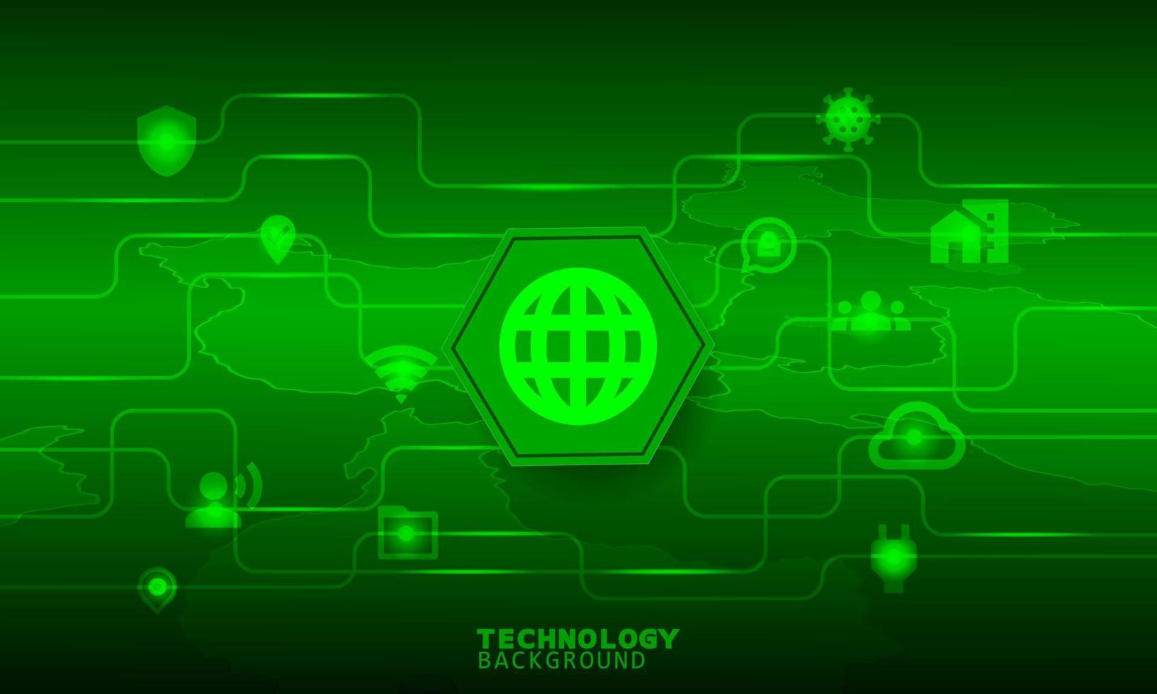World lock icon in green hexagon with communication icons. vector