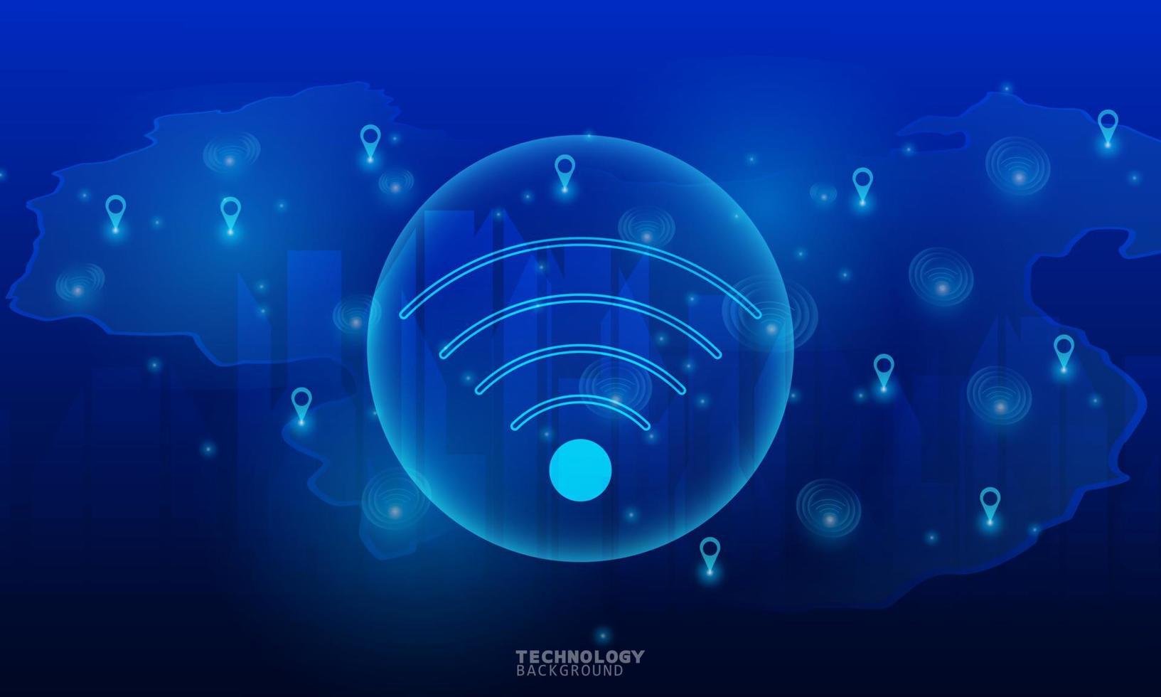 Wireless network communication, internet connection. Futuristic city scape in blue tone with electronics devices, multimedia, technology icons and network connection. vector