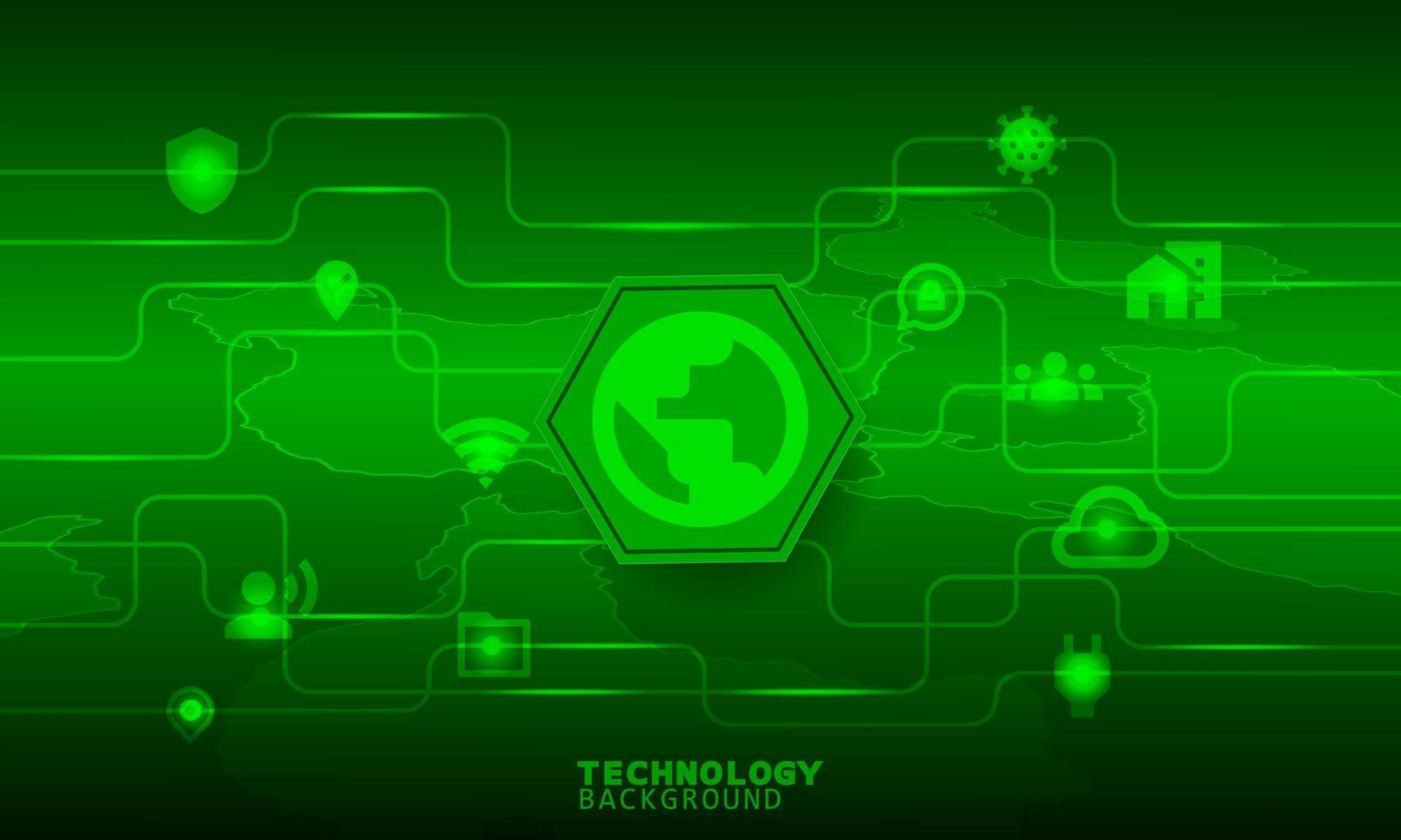 World lock icon in green hexagon with communication icons. vector