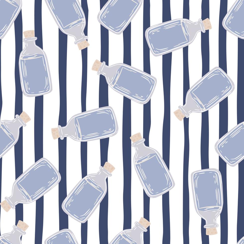 Aromatherapy random seamless pattern with blue oil bottle ornament. Striped contrast background. vector