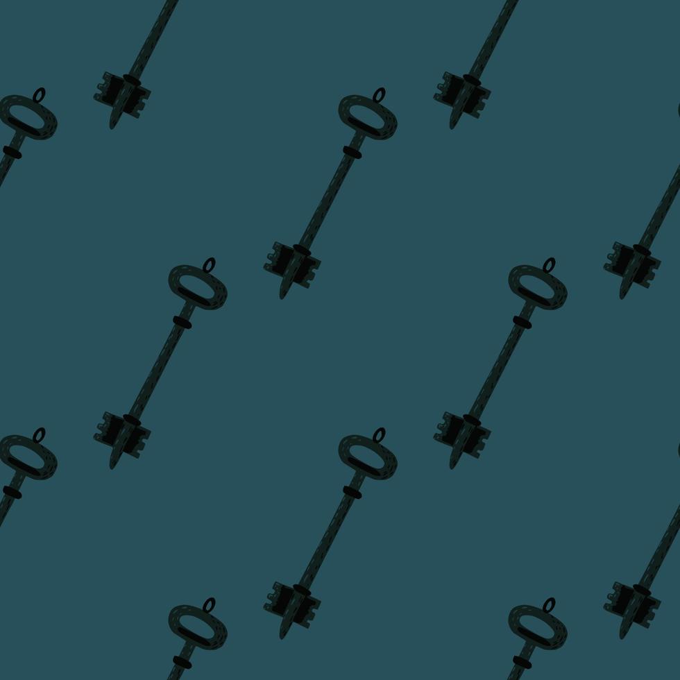 Minimalistic seamless doodle pattern with keys victorian silouettes. Dark turquoise background and black secret ornament. vector