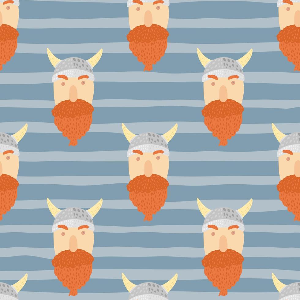 Viking man faces with bright orange beard seamless pattern. Stripped blue background. Norway backdrop. vector