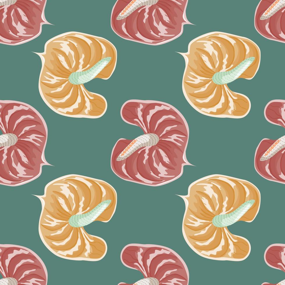 Geometric anthurium flowers seamless pattern on green background. Vintage tropical botanical wallpaper. Exotic hawaiian plants backdrop. vector