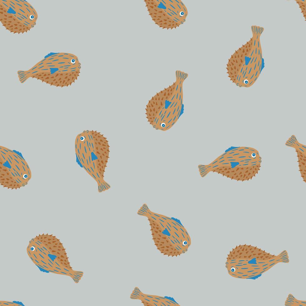 Minimalistic seamless pattern with random brown puffer fish silhouettes print. Pastel blue background. vector