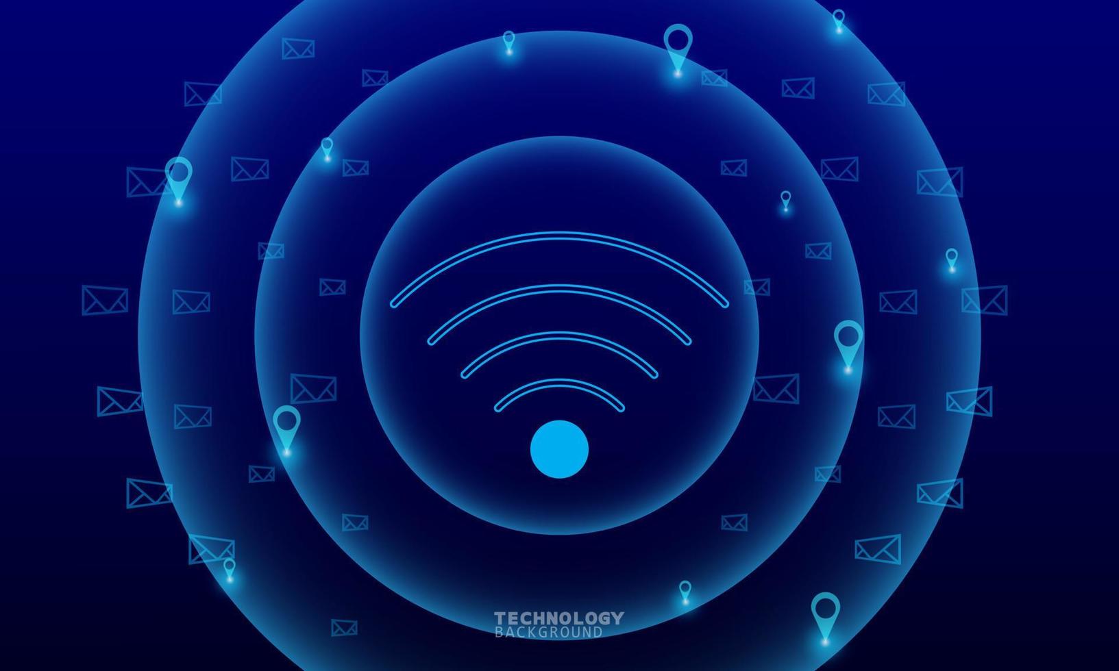 Wireless network communication, internet connection. Futuristic city scape in blue tone with electronics devices, multimedia, technology icons and network connection. vector