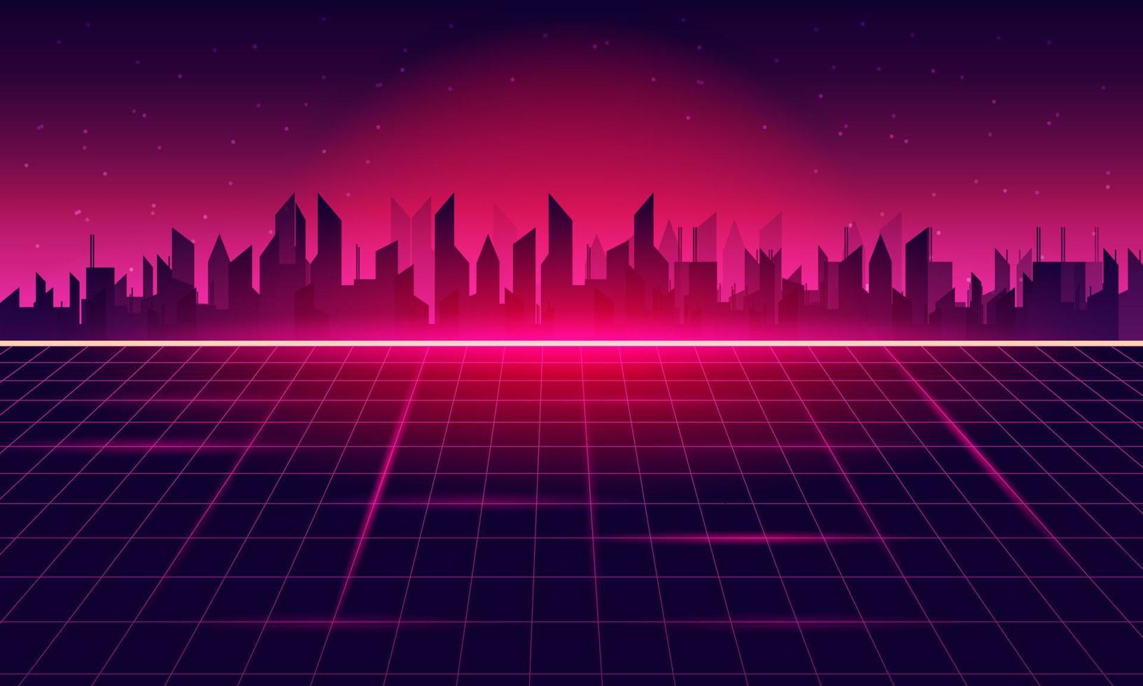 City of Retro Sci-Fi Background Futuristic Grid landscape , 90's. vector