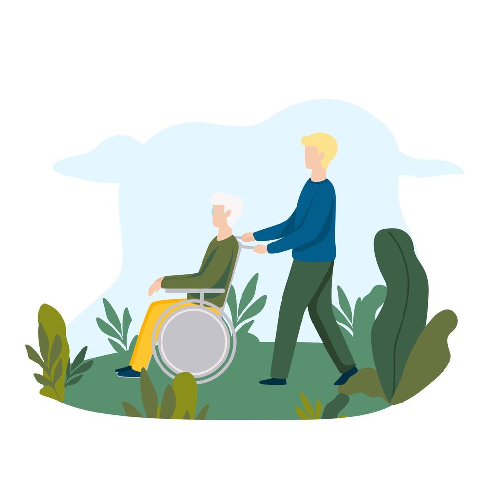 Volunteer pushing wheelchair with disabled old man. Nursing Home. vector