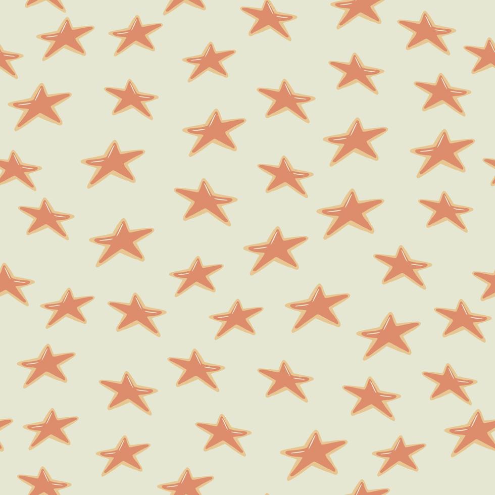 Random seamless pattern with orange cookies in star shapes. New year geometric dessert on light grey background. vector