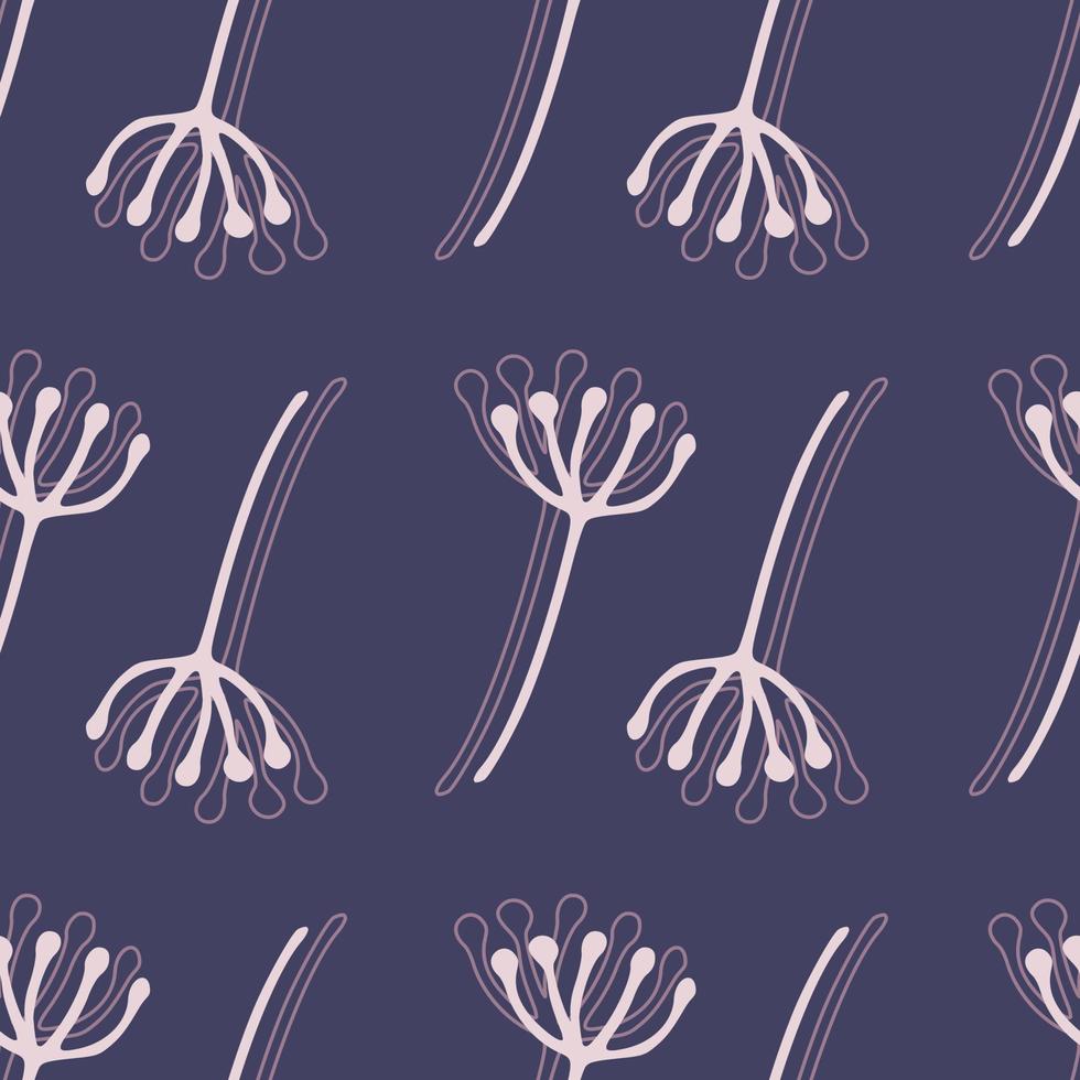 Dandelion flowers seamless botanic pattern. Bright navy blue background with white contoured floral elements. Simple backdrop. vector