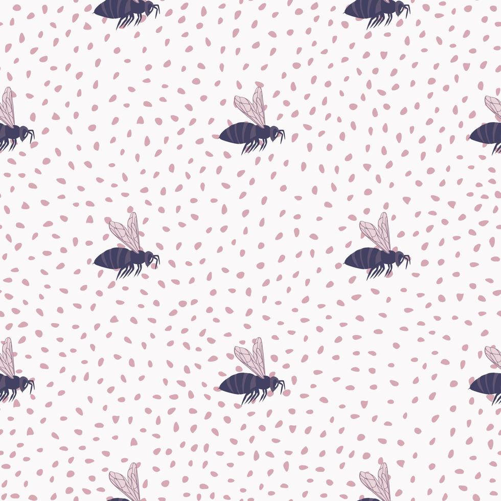 Purple bee silhouettes seamless pattern. Doodle animal print with whie background and pink dots. vector