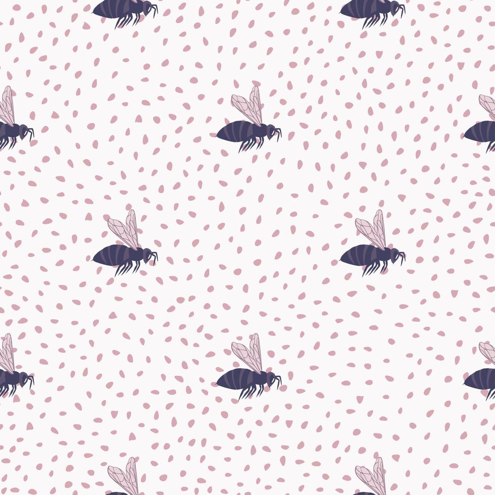 abeja púrpura siluetas de patrones sin fisuras. estampado animal de fideos con fondo blanco y puntos rosas. vector