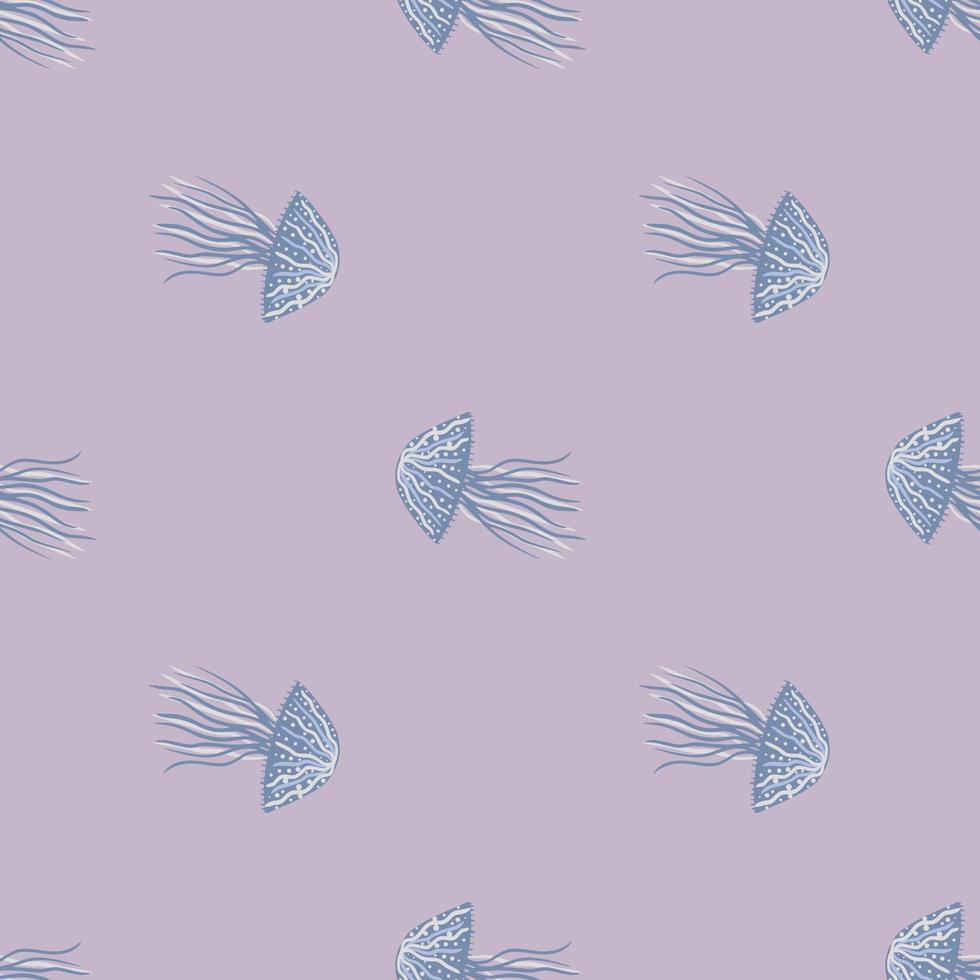 pequeñas medusas azules patrón dibujado a mano sin costuras. ilustraciones marinas estilizadas con fondo violeta suave. vector