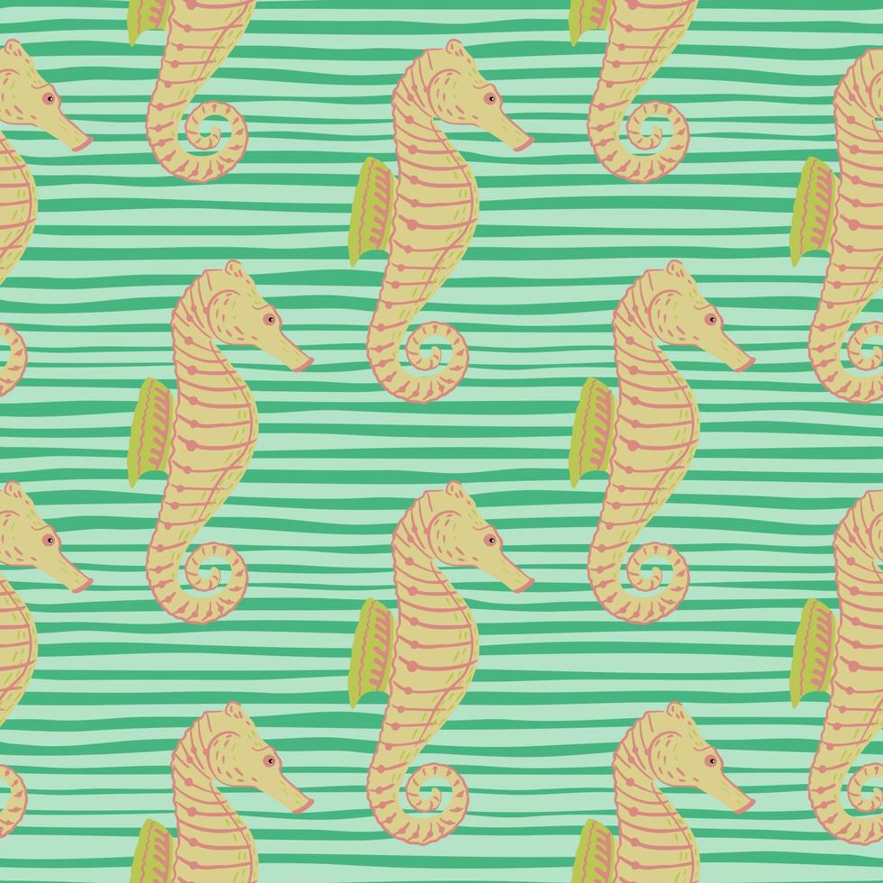 Geometric seamless pattern with doodle seahorse simple print on striped background. vector