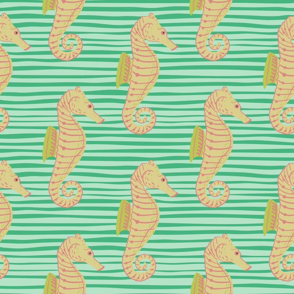 Geometric seamless pattern with doodle seahorse simple print on striped background. vector