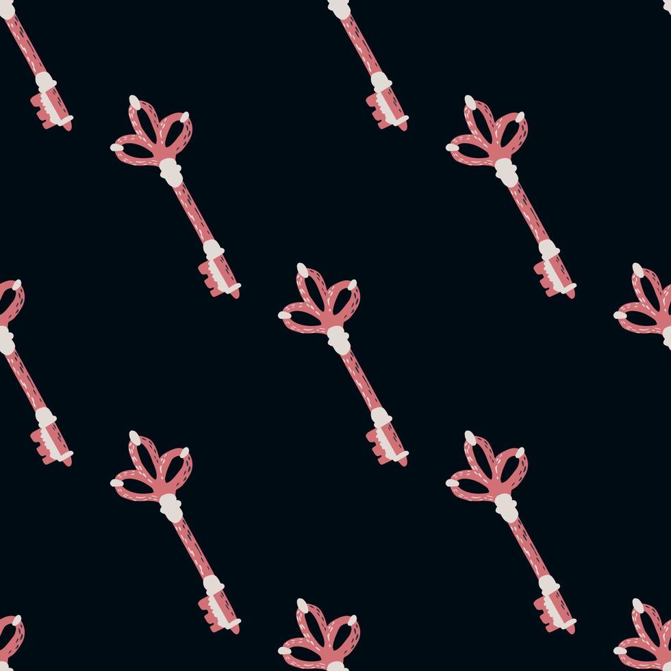 Minimalistic seamless pattern with vintage pink tones key ornament. Simple stylized victorian elements on black background. vector