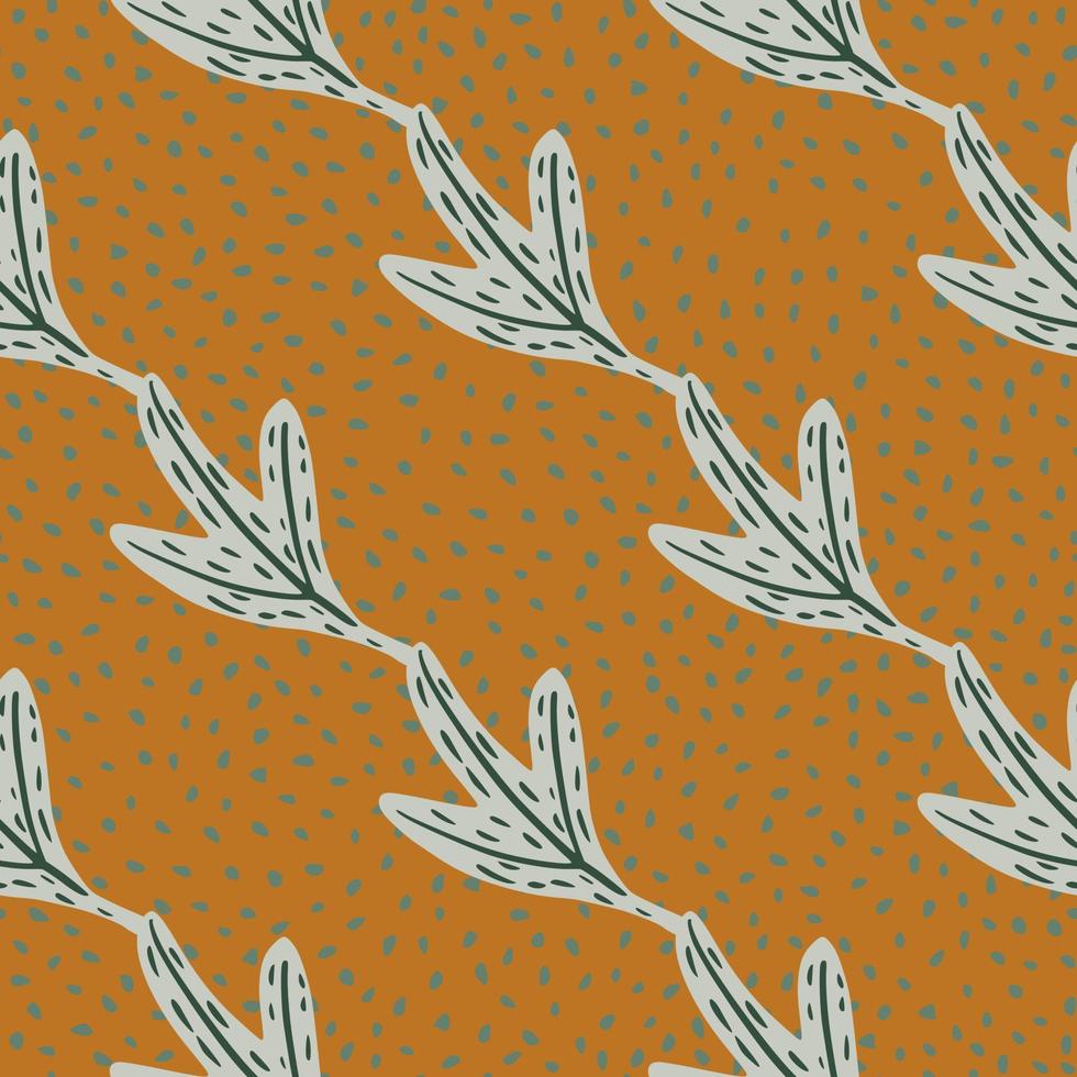 Fall seamless pattern with hand drawn grey outline leaf ornament. Ocher dotted background. vector