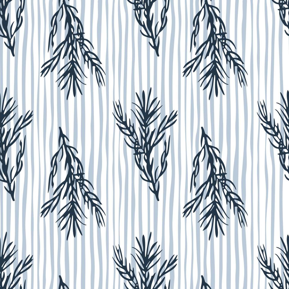 Navy blue colored rosemary branches silhouettes seamless pattern. Light striped background. vector