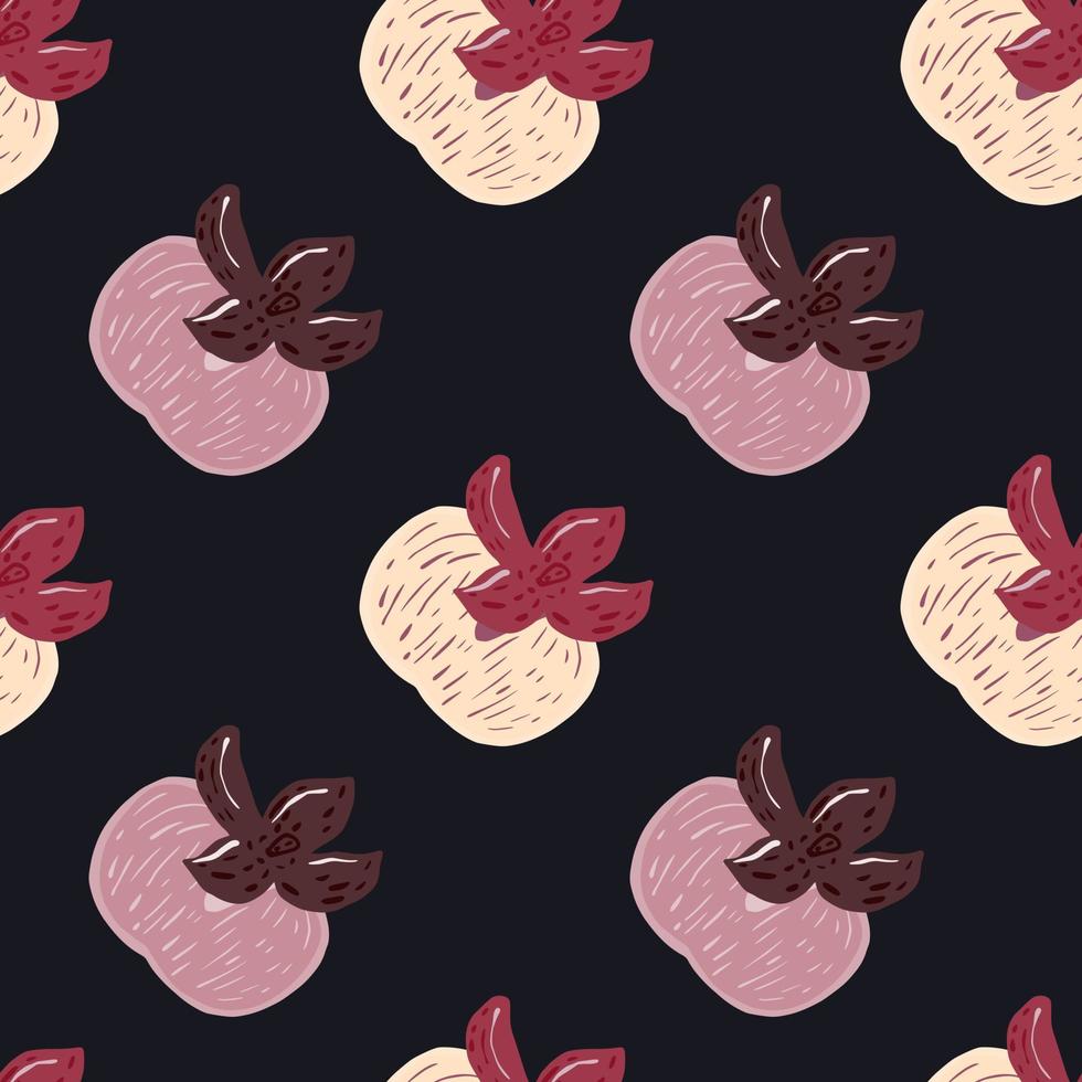 Contrast food seamless pattern with purple and yyellow pastel persimmons. Black background. vector