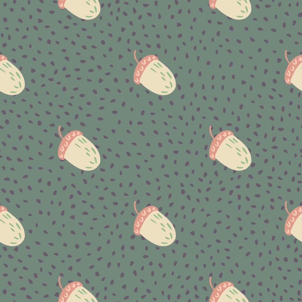 Seamless pattern in minimalistic style with forest acorn ornament. Pale green dotted background. vector