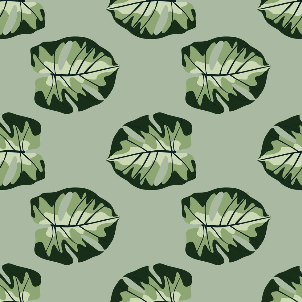 Seamless stylized pattern with creative monstera shapes ornament. Green and black colored ornament on grey background. vector