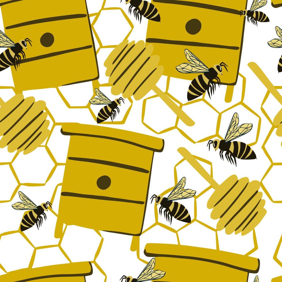 Seamless stylized bee pattern with honey spoons, hives, honeycombs. White background. Farm organic print. vector