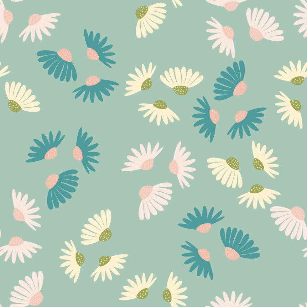 Bloom seamless pattern with random white daisy flowers elements. Blue pastel background. Simple style. vector