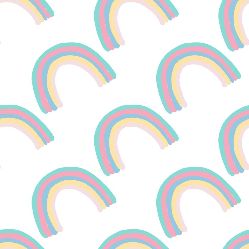 Isolated seamless doodle pattern with rainbow pastel multicolor shapes. White background. vector