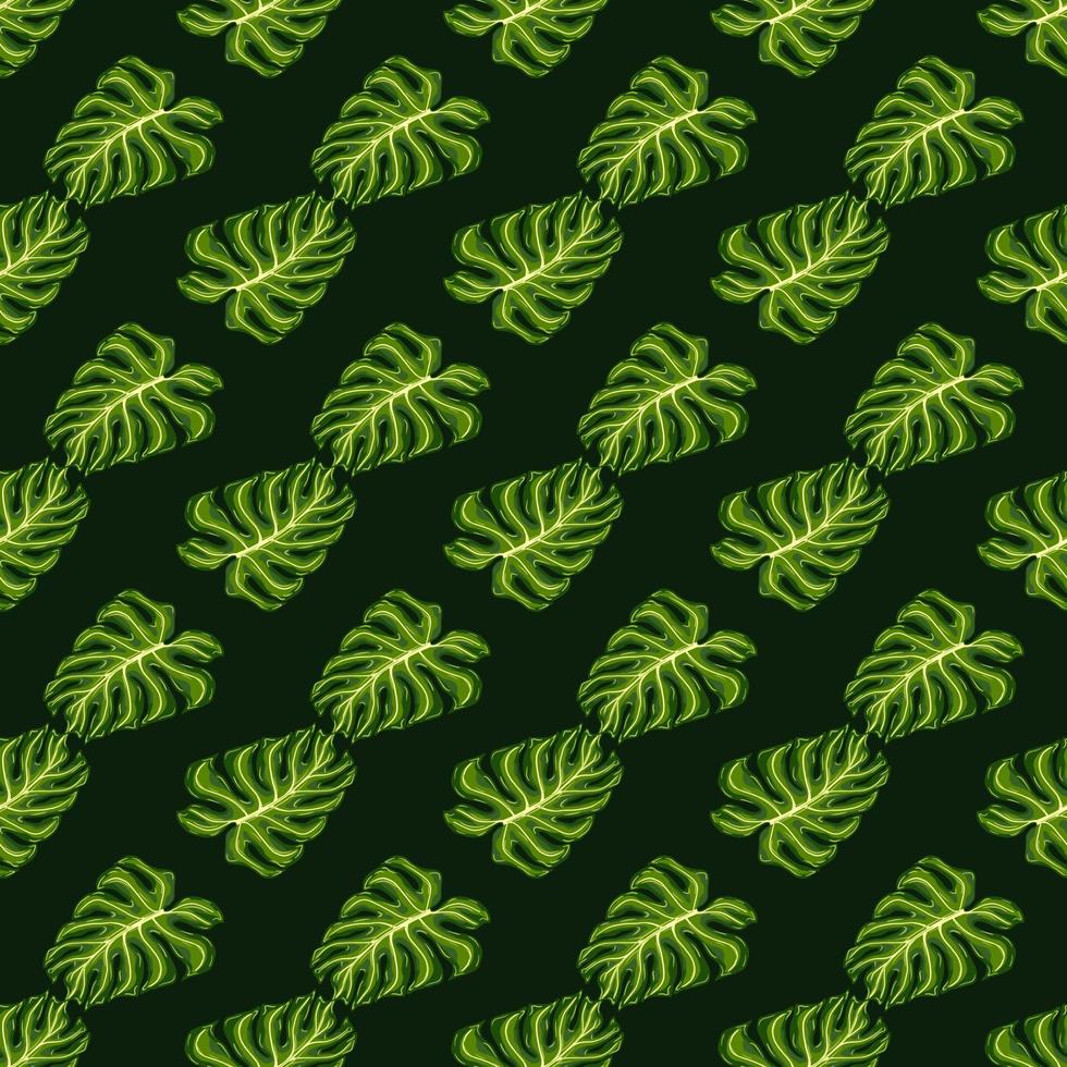 Exotic palm style seamless pattern with doodle little green monstera shapes. Dark background. vector