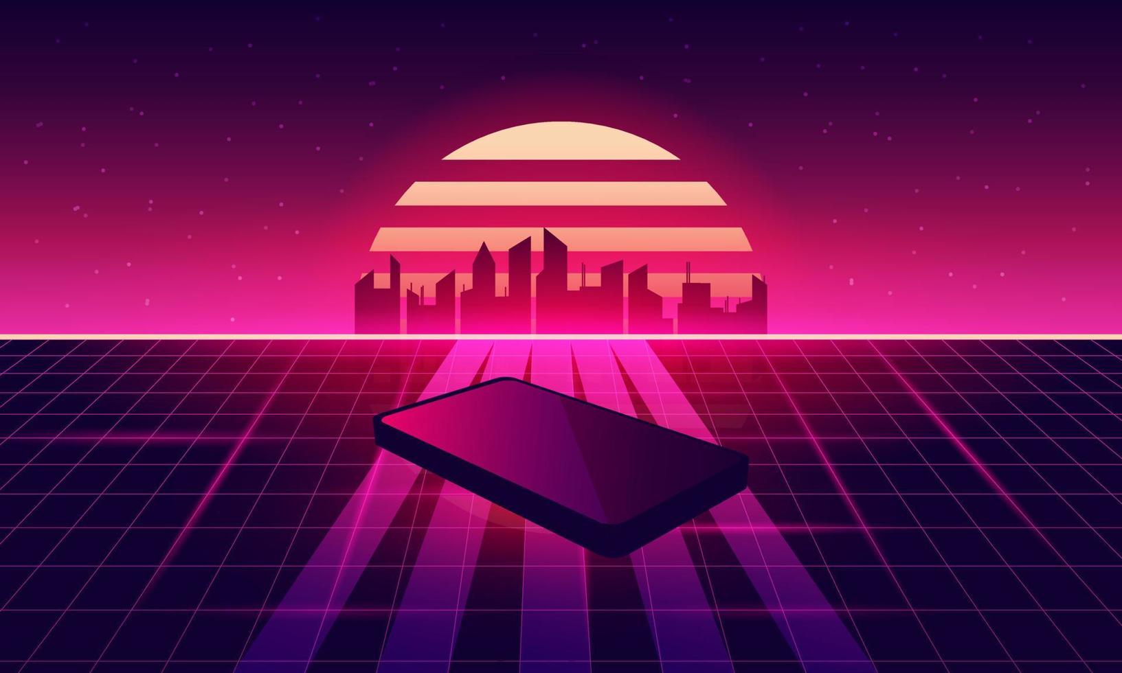 teléfono de fondo de ciencia ficción retro paisaje de cuadrícula futurista, años 90. vector