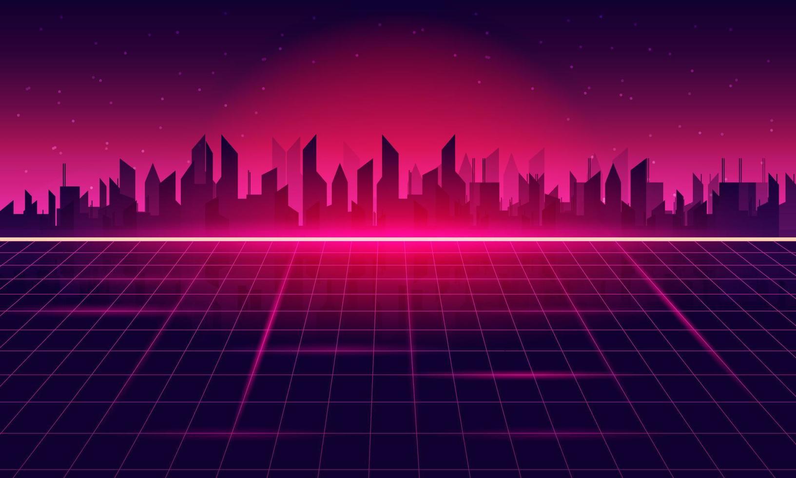 City of Retro Sci-Fi Background Futuristic Grid landscape , 90's. vector