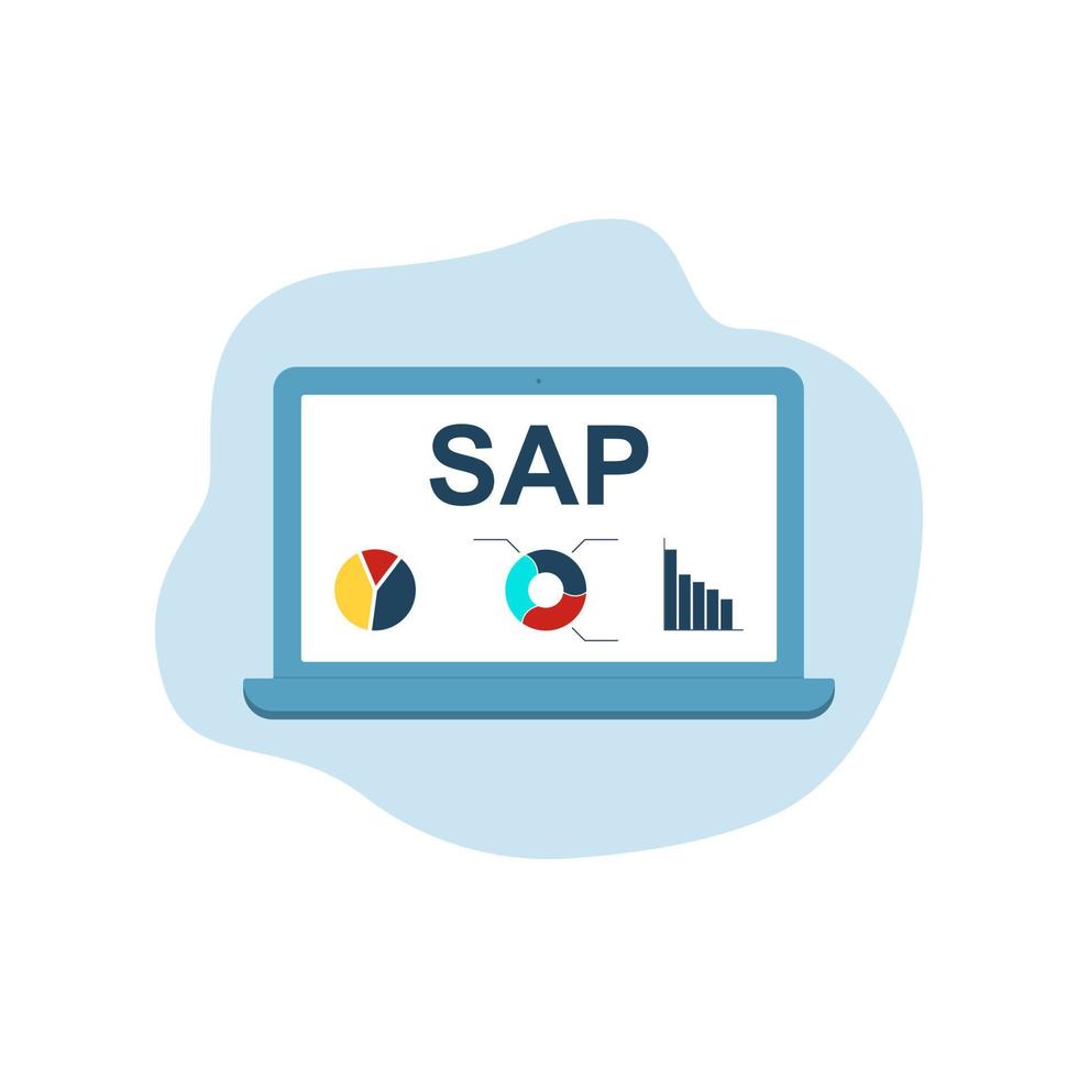 SAP Business process automation software on laptop screen. Different graphic icons. vector