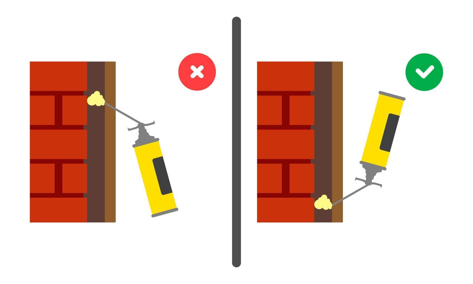 Working with a household cylinder. Polyurethane mounting foam balloon icon. Right and wrong use of mounting tool. Vector