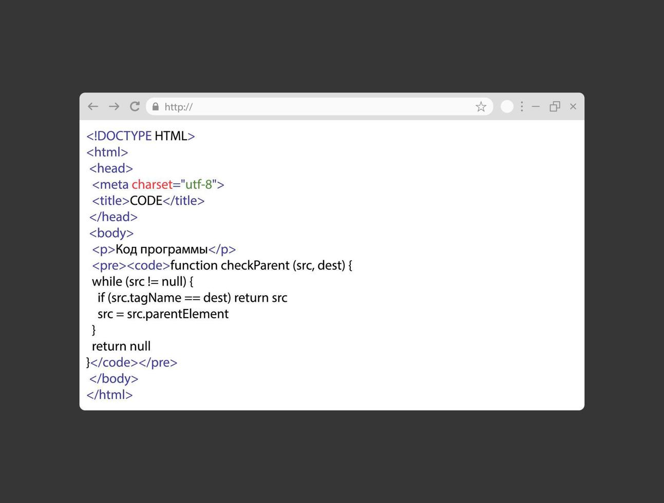 código html simple en la página web blanca. ventana de navegador realista con código css. concepto de desarrollo de sitios web. vector
