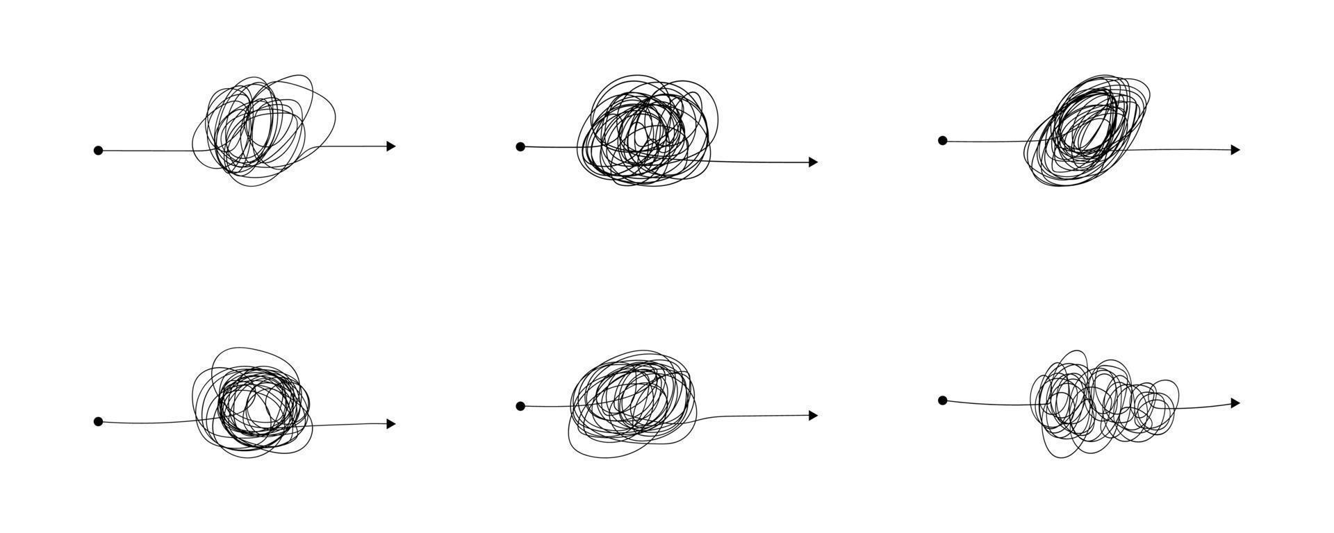 conjunto de líneas caóticas de garabatos. punto de partida, garabato complicado de ovillo y flecha. concepto de camino enredado. vector