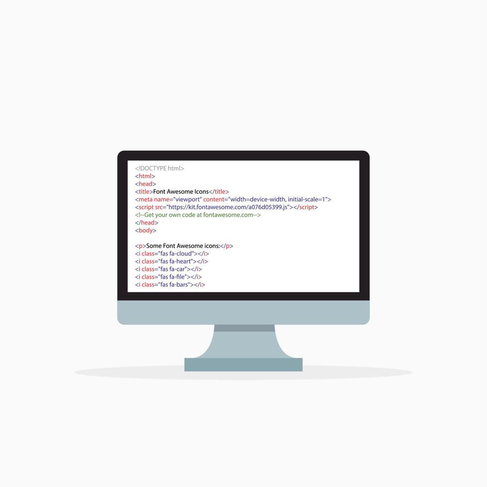 Css code on computer screen. Computer monitor icon with code. Script coding or programming website. Vector