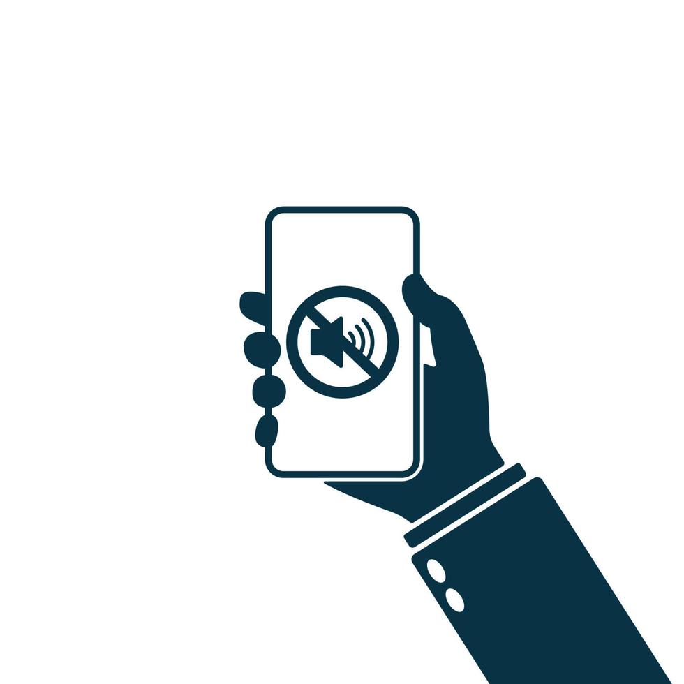 No sound sign for mobile phone icon. Hand holding smartphone with sound off icon. Silent mode icon. Vector