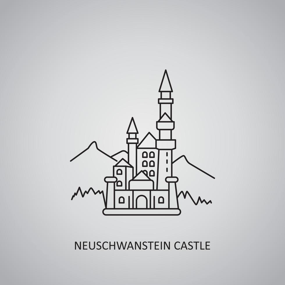 Neuschwanstein castle icon on grey background. Germany, Schwangau. Line icon vector