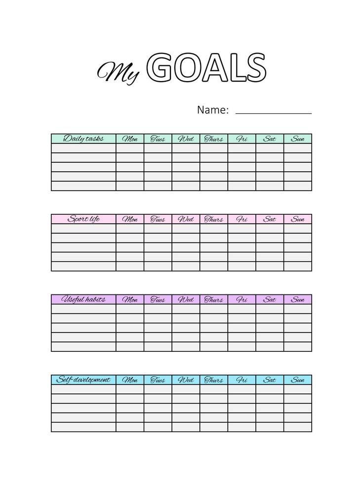 Template planner list with own goals. Printable Notepad. Areas of life. Vector
