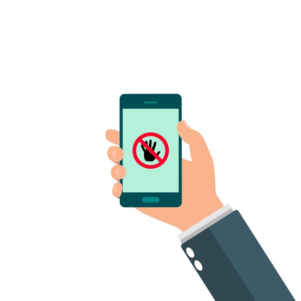 Internet addiction, nomophobia and digital detox. Hand holding smartphone. Stop sign on screen telephone mobile vector