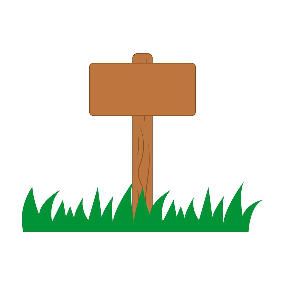 Wooden blank sign board on grass. Empty wood board icon. Vector