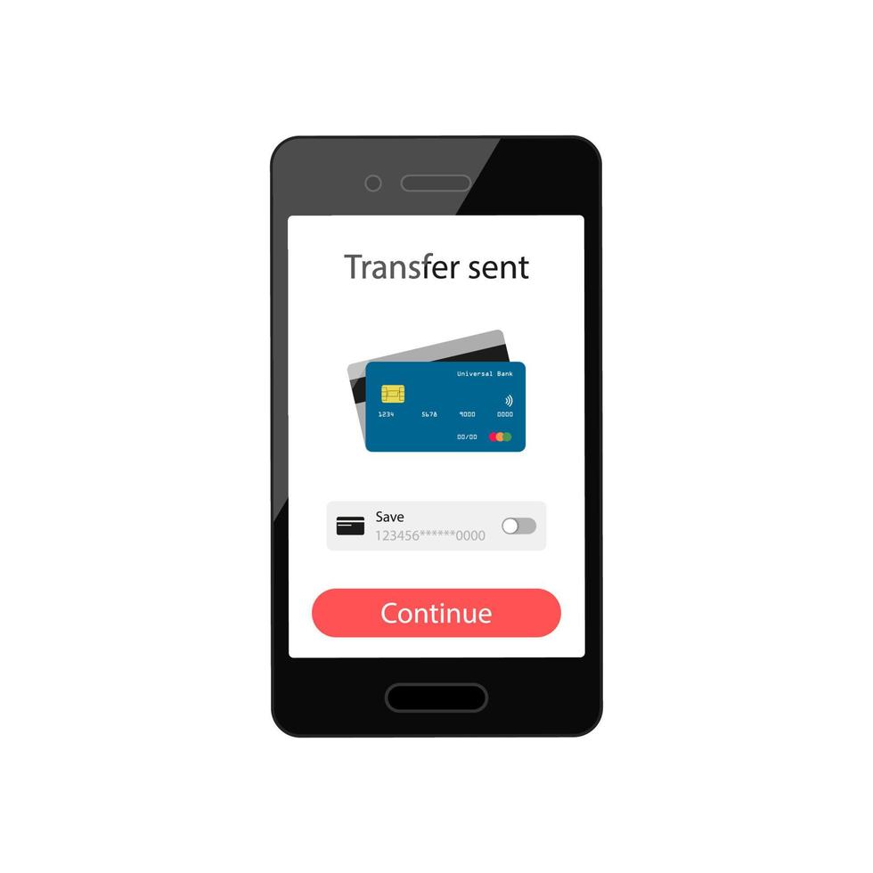 Mobile money transfer. Mobile payments using smartphone. Sent payment. Continue button. Credit card icon. Vector