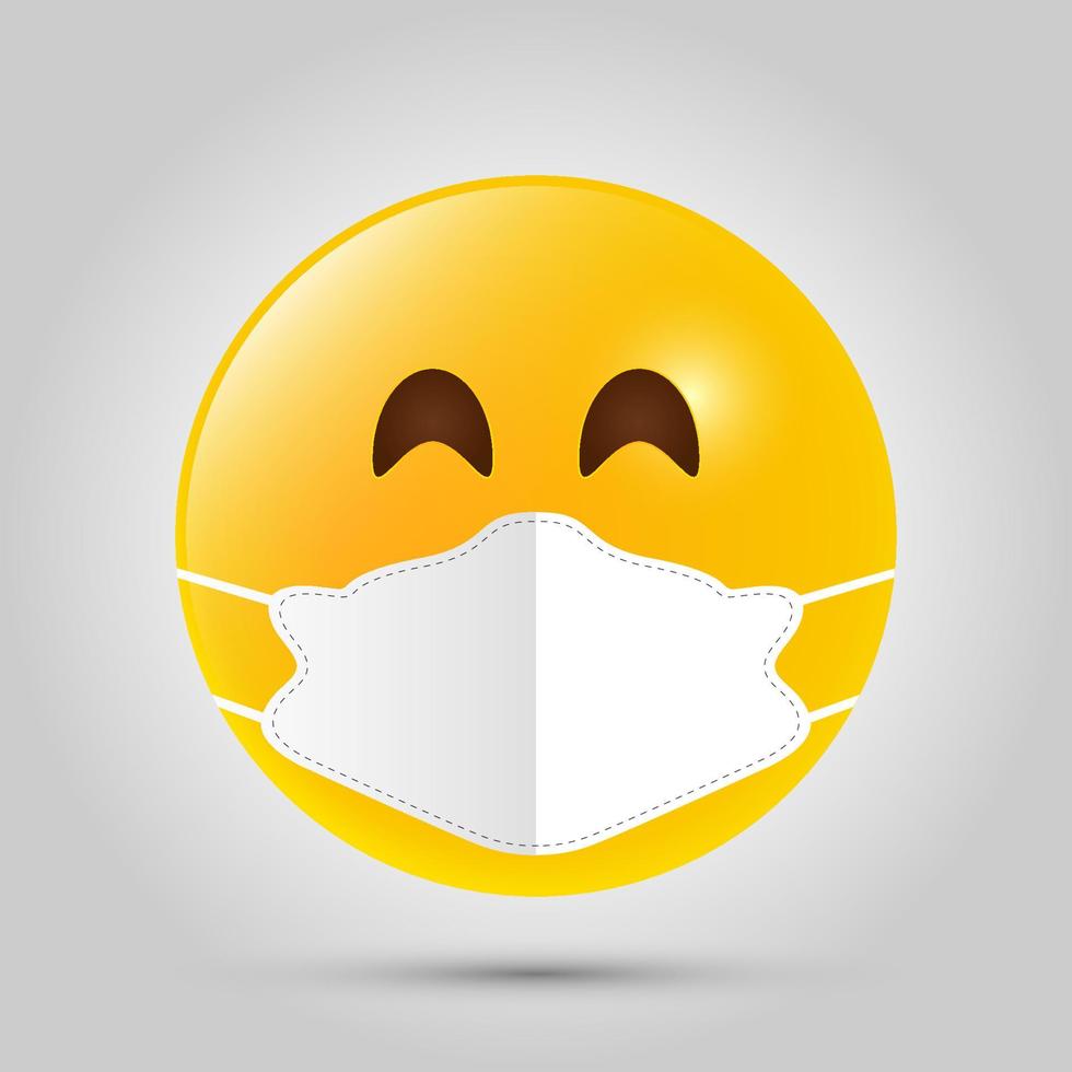 Emoji with white mouth mask. Yellow emoji icon on grey template. Vector illustration