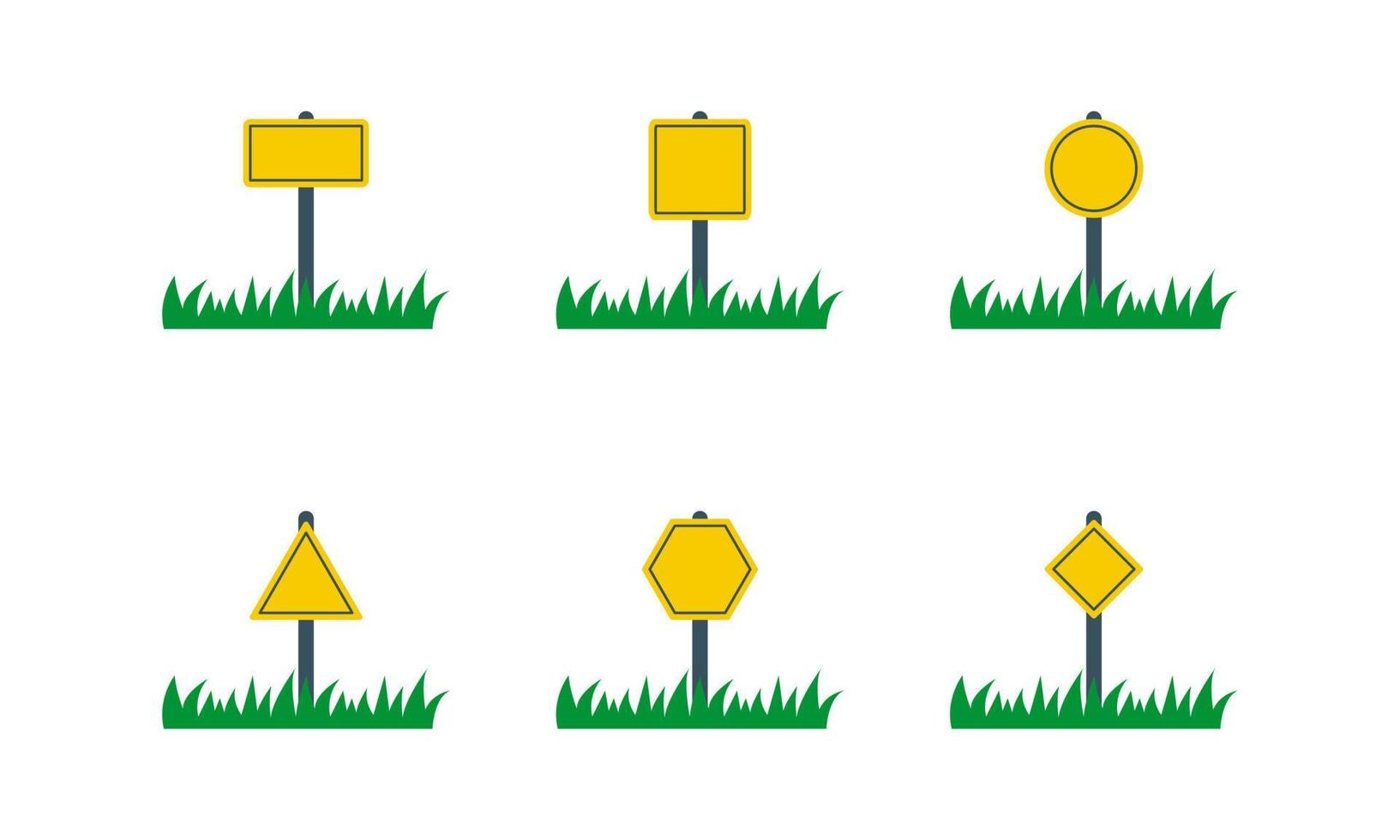 Blank street and road yellow traffic signs set on grass. Empty sign plate icon. Warning danger way. Vector
