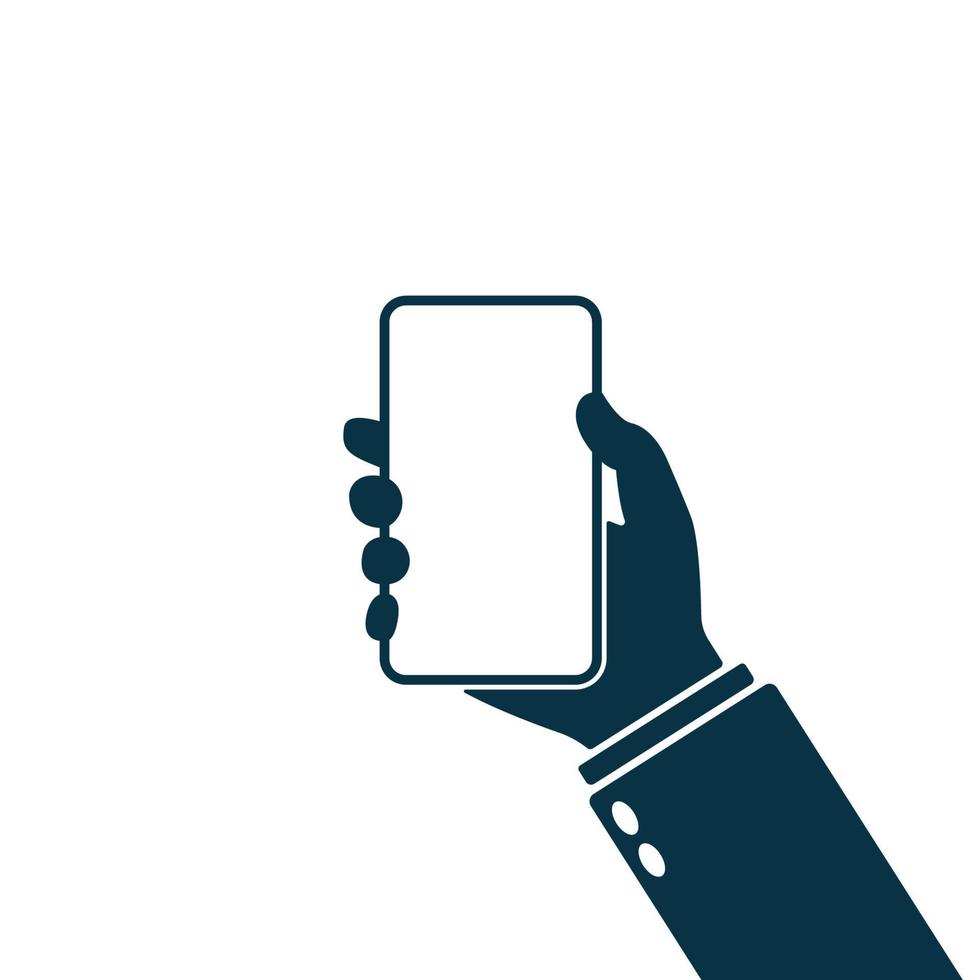 Hand holding smartphone icon. Template of mobile phone for web. Smartphone mockup with blank white screen vector