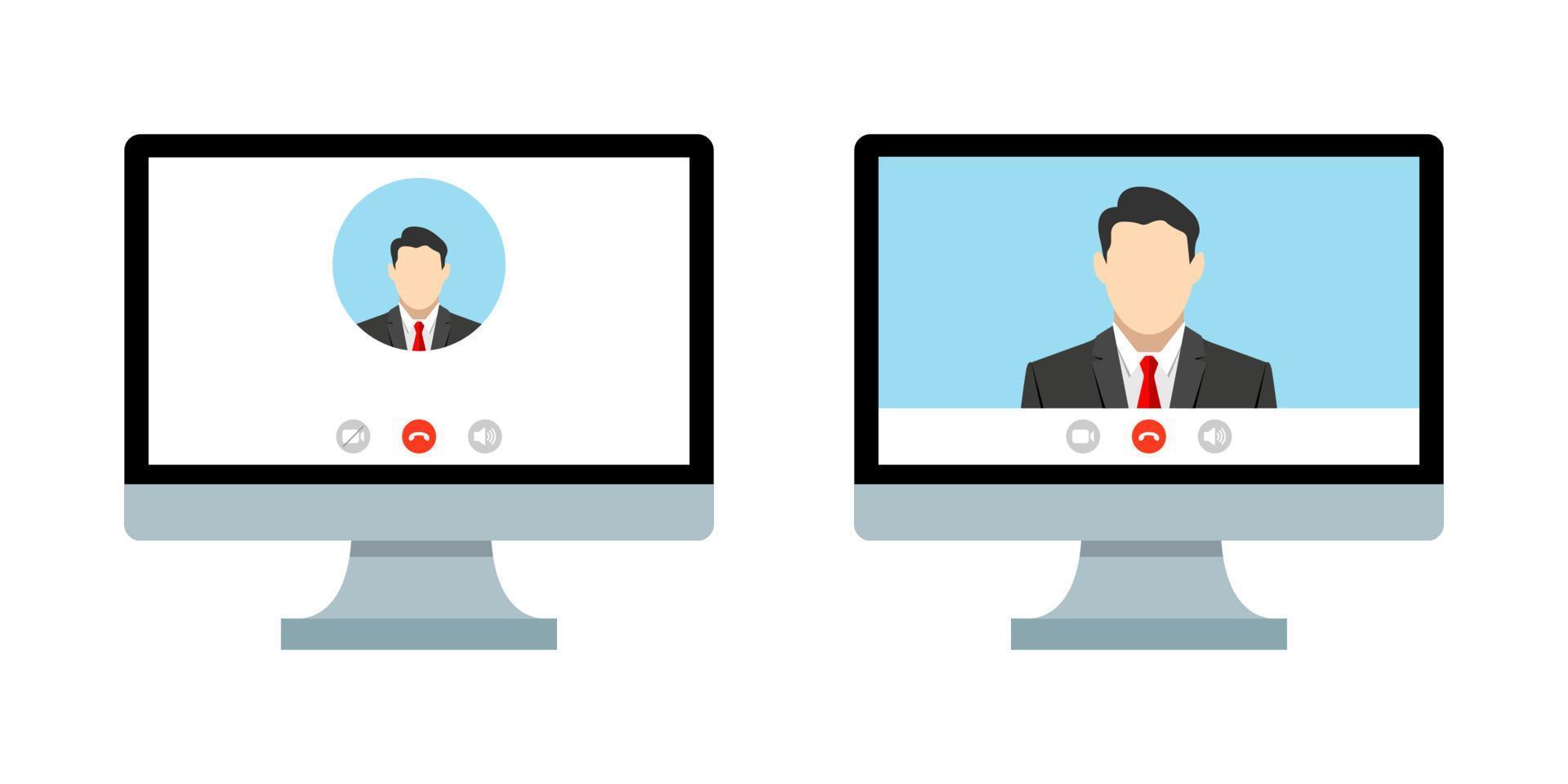 Two monitors with the camera turned on and the camera turned off. Online conference in zoom vector