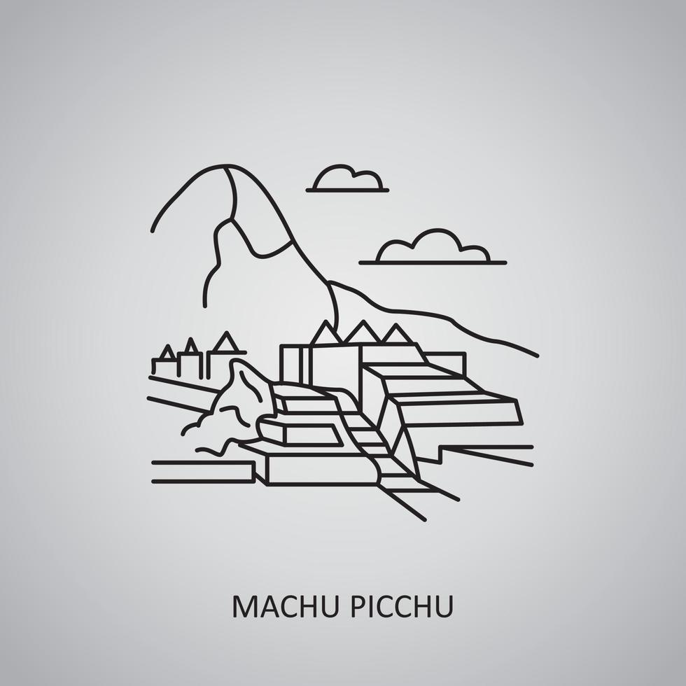 icono de machu picchu sobre fondo gris. perú, región del cuzco. icono de línea vector