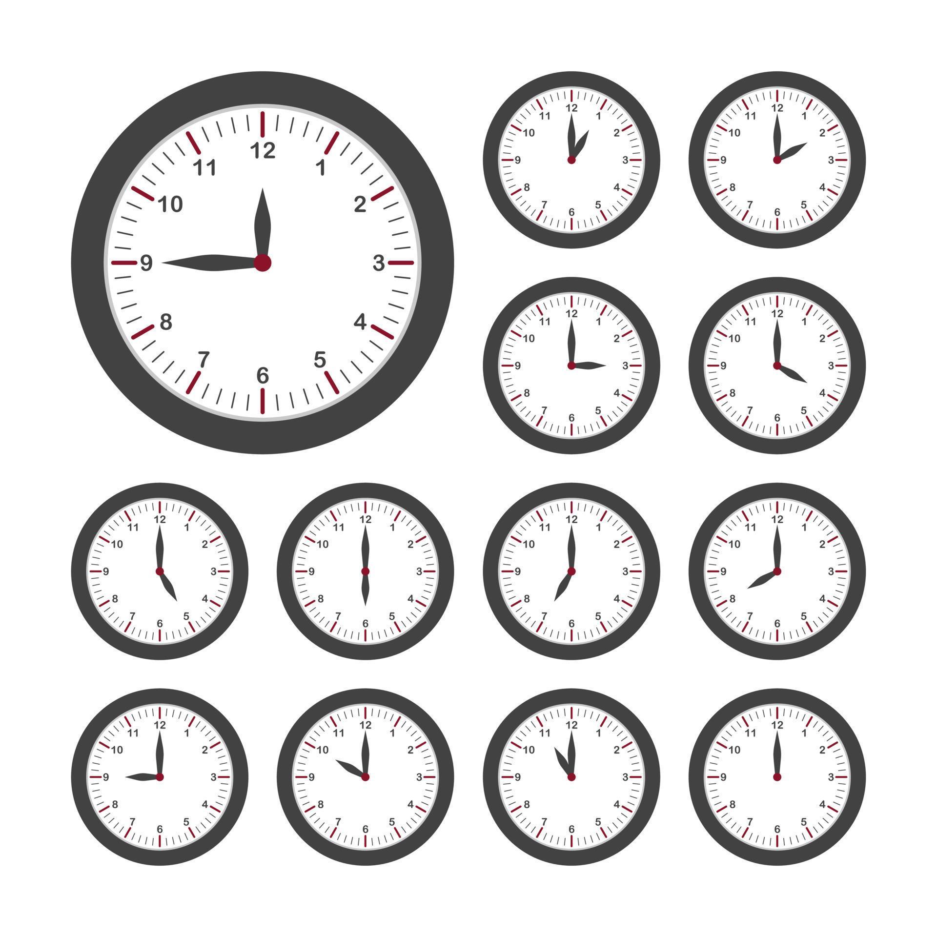 Set of round clocks for every hour. Analog clock with circle shape